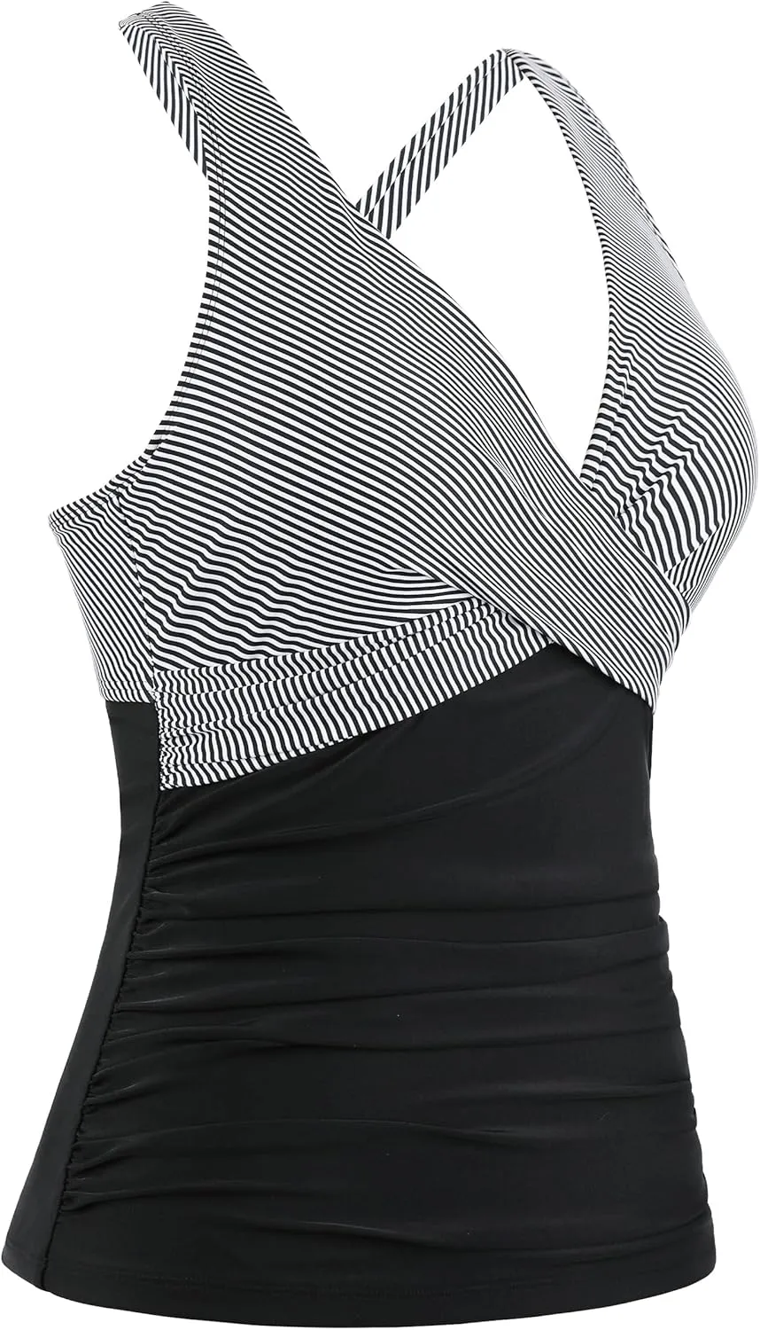 Hilor Women's Underwire Tankini Top Tummy Control Bathing Suits Sexy V Neck Crossover Swim Top Only
