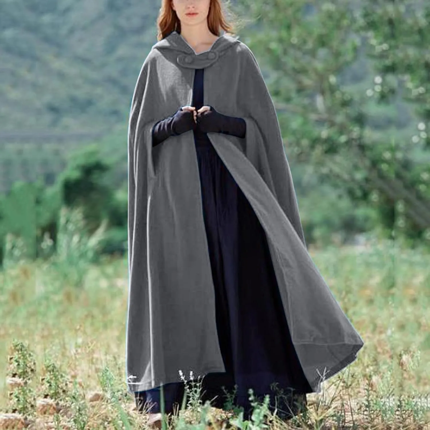 Hooded Cloak Hooded Long Women Cape Winter Vintage Overcoat Fashion Button Cloak Woolen Coat