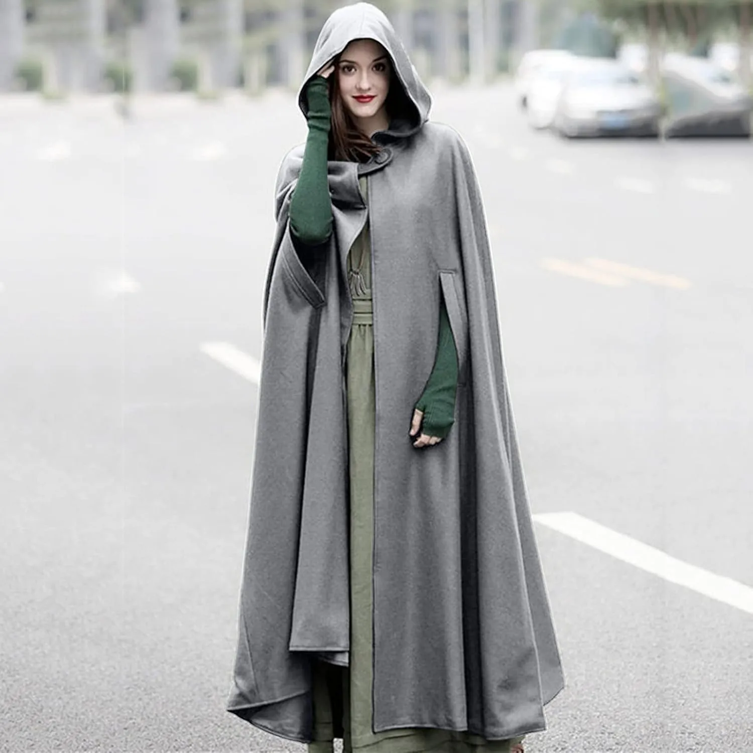 Hooded Cloak Hooded Long Women Cape Winter Vintage Overcoat Fashion Button Cloak Woolen Coat