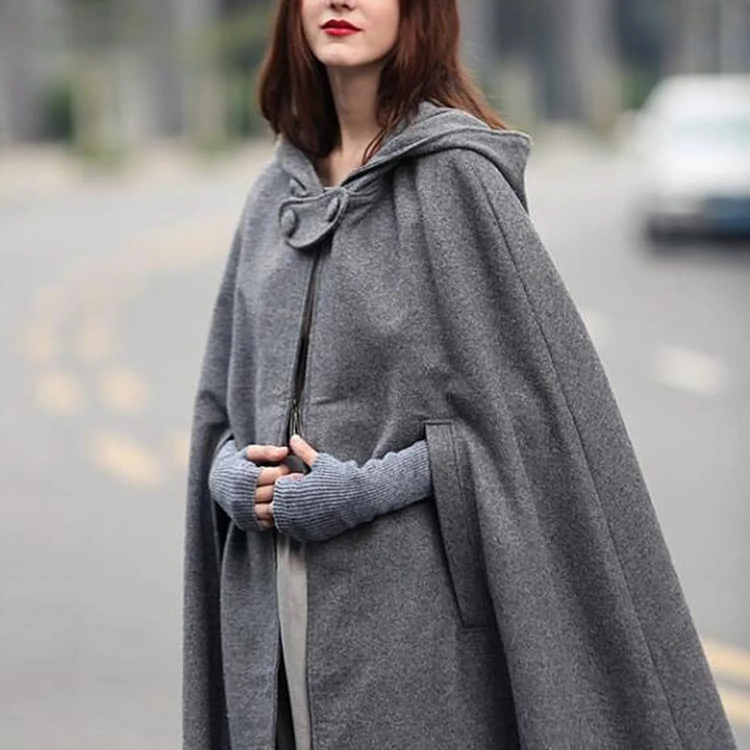 Hooded Cloak Hooded Long Women Cape Winter Vintage Overcoat Fashion Button Cloak Woolen Coat
