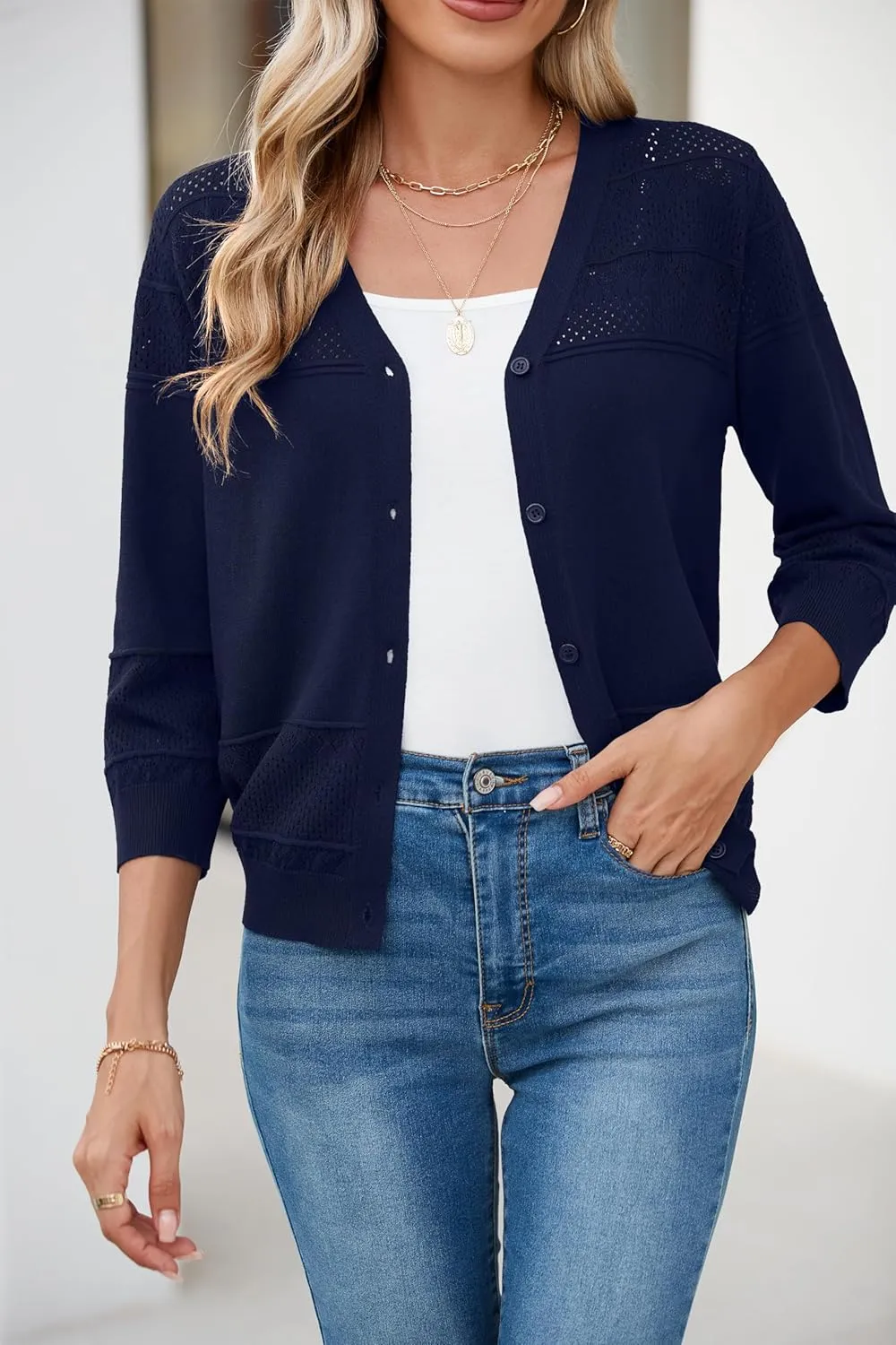 Iandroiy Women's Cropped Cardigan Lightweight Crochet Shrug 3/4 Sleeve Hollowed-Out Knit Sweater Tops
