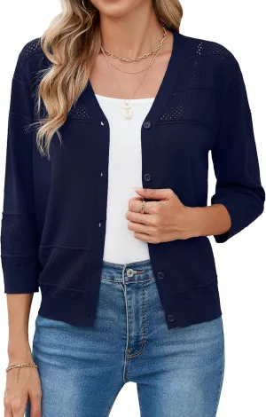 Iandroiy Women's Cropped Cardigan Lightweight Crochet Shrug 3/4 Sleeve Hollowed-Out Knit Sweater Tops