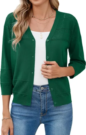 Iandroiy Women's Cropped Cardigan Lightweight Crochet Shrug 3/4 Sleeve Hollowed-Out Knit Sweater Tops