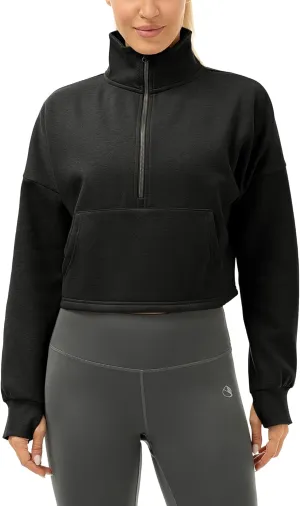 icyzone Fleece Lined Half Zip Pullover for Women with Pockets, Oversized Athletic Cropped Sweatshirt Warm Jacket