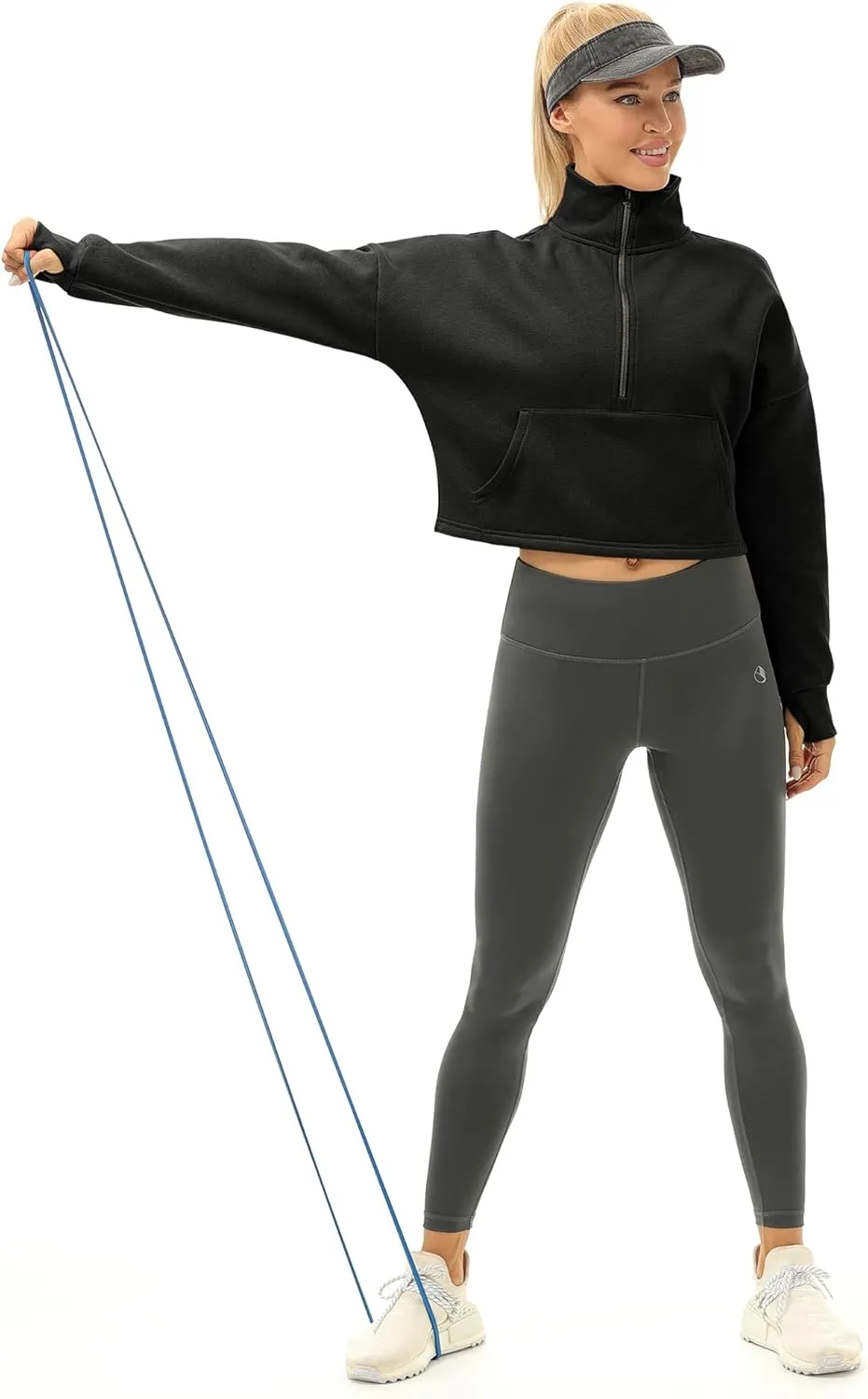 icyzone Fleece Lined Half Zip Pullover for Women with Pockets, Oversized Athletic Cropped Sweatshirt Warm Jacket