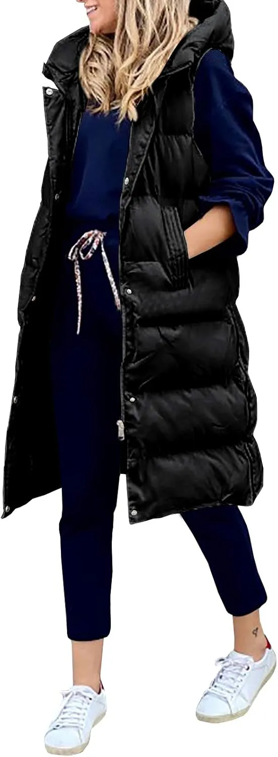 Inorin Womens Down Vest with Stand Collar Thick Hooded Sleeveless Long Coats Jacket