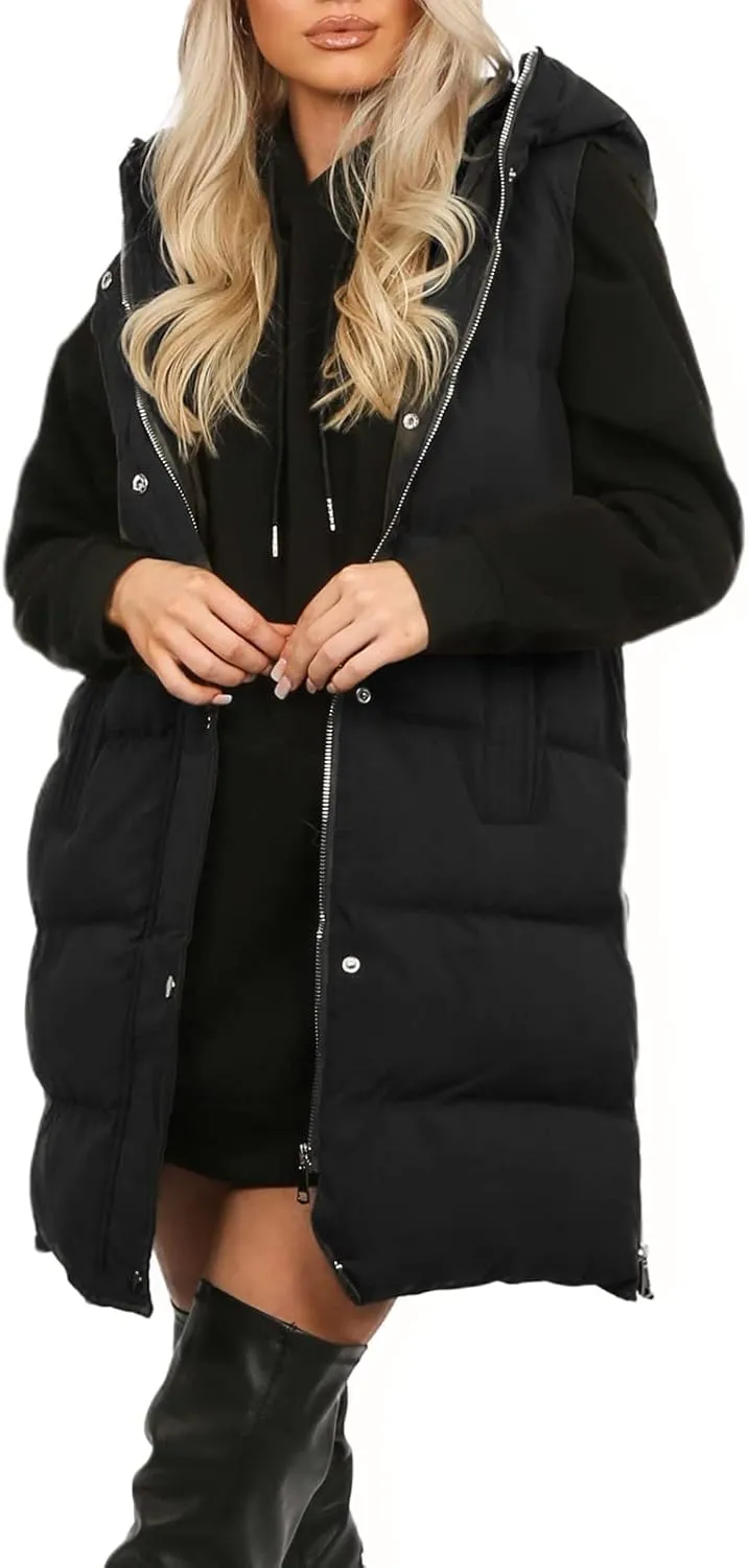 Inorin Womens Down Vest with Stand Collar Thick Hooded Sleeveless Long Coats Jacket