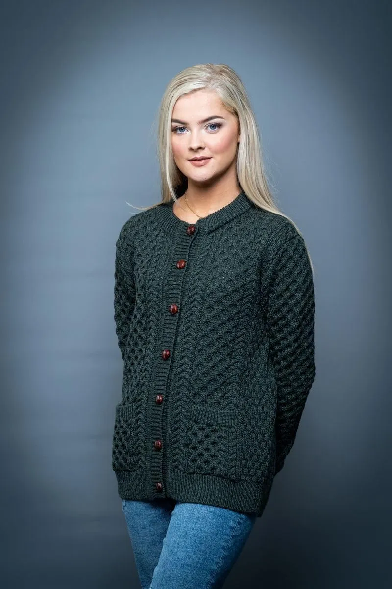 Irish Aran Wool Lumber Cardigan for Women's with Buttons and Pockets Made in Ireland