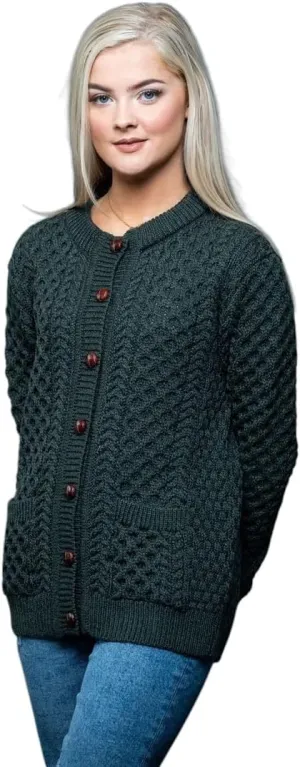 Irish Aran Wool Lumber Cardigan for Women's with Buttons and Pockets Made in Ireland