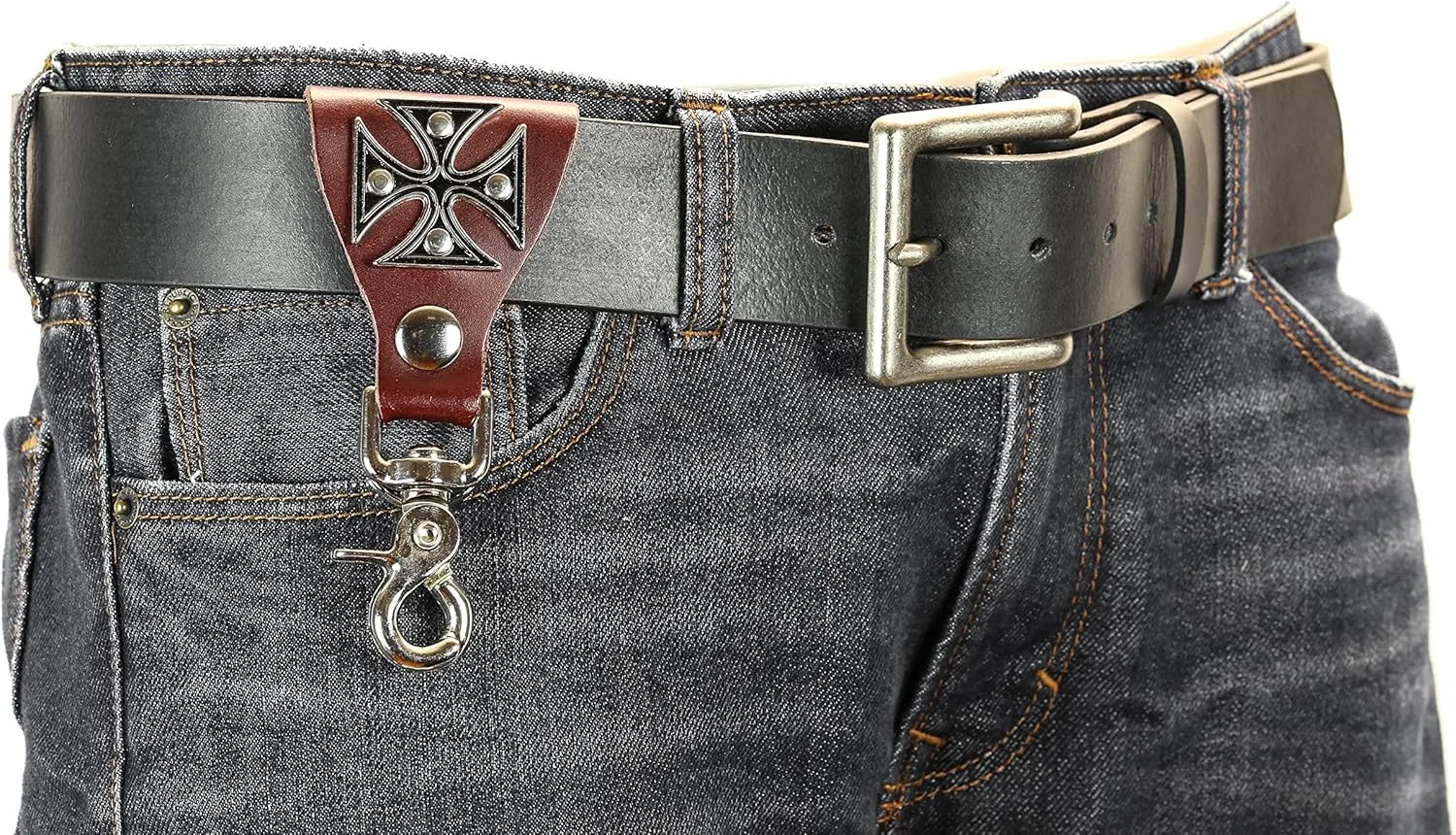 Iron Cross Leather Belt Key Chain Holder Trigger Clasp Key Ring Utility Bikers