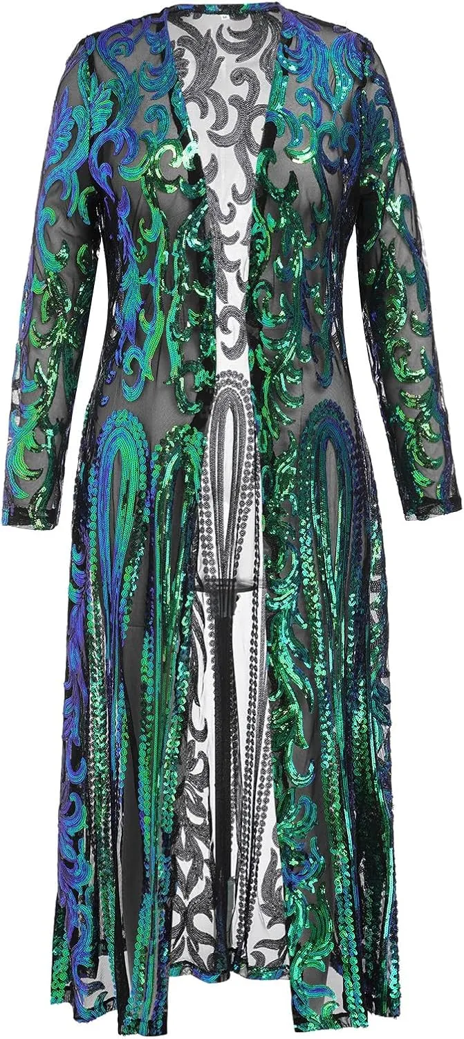 IWEMEK Sparkly Cardigan for Women 1920s Sequin Cardigans Long Sequin Duster Blazer 20s Glitter Open Front Coat Cover Up Dress