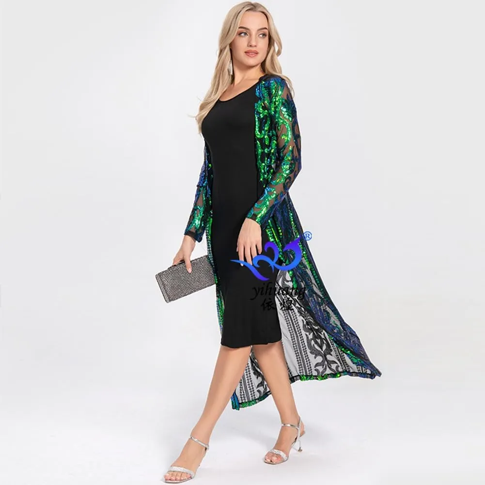 IWEMEK Sparkly Cardigan for Women 1920s Sequin Cardigans Long Sequin Duster Blazer 20s Glitter Open Front Coat Cover Up Dress