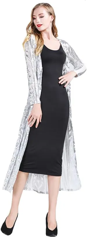 IWEMEK Sparkly Cardigan for Women 1920s Sequin Cardigans Long Sequin Duster Blazer 20s Glitter Open Front Coat Cover Up Dress