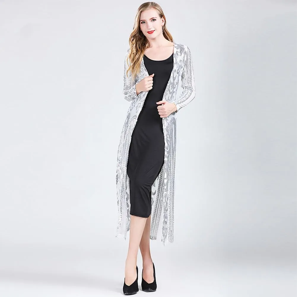 IWEMEK Sparkly Cardigan for Women 1920s Sequin Cardigans Long Sequin Duster Blazer 20s Glitter Open Front Coat Cover Up Dress