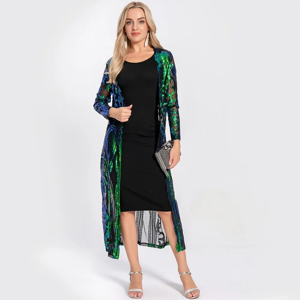 IWEMEK Sparkly Cardigan for Women 1920s Sequin Cardigans Long Sequin Duster Blazer 20s Glitter Open Front Coat Cover Up Dress