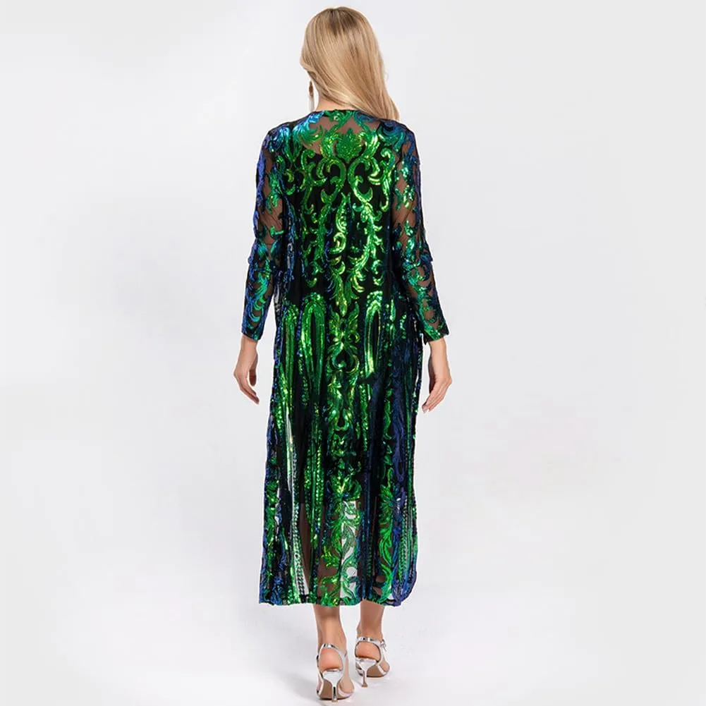 IWEMEK Sparkly Cardigan for Women 1920s Sequin Cardigans Long Sequin Duster Blazer 20s Glitter Open Front Coat Cover Up Dress