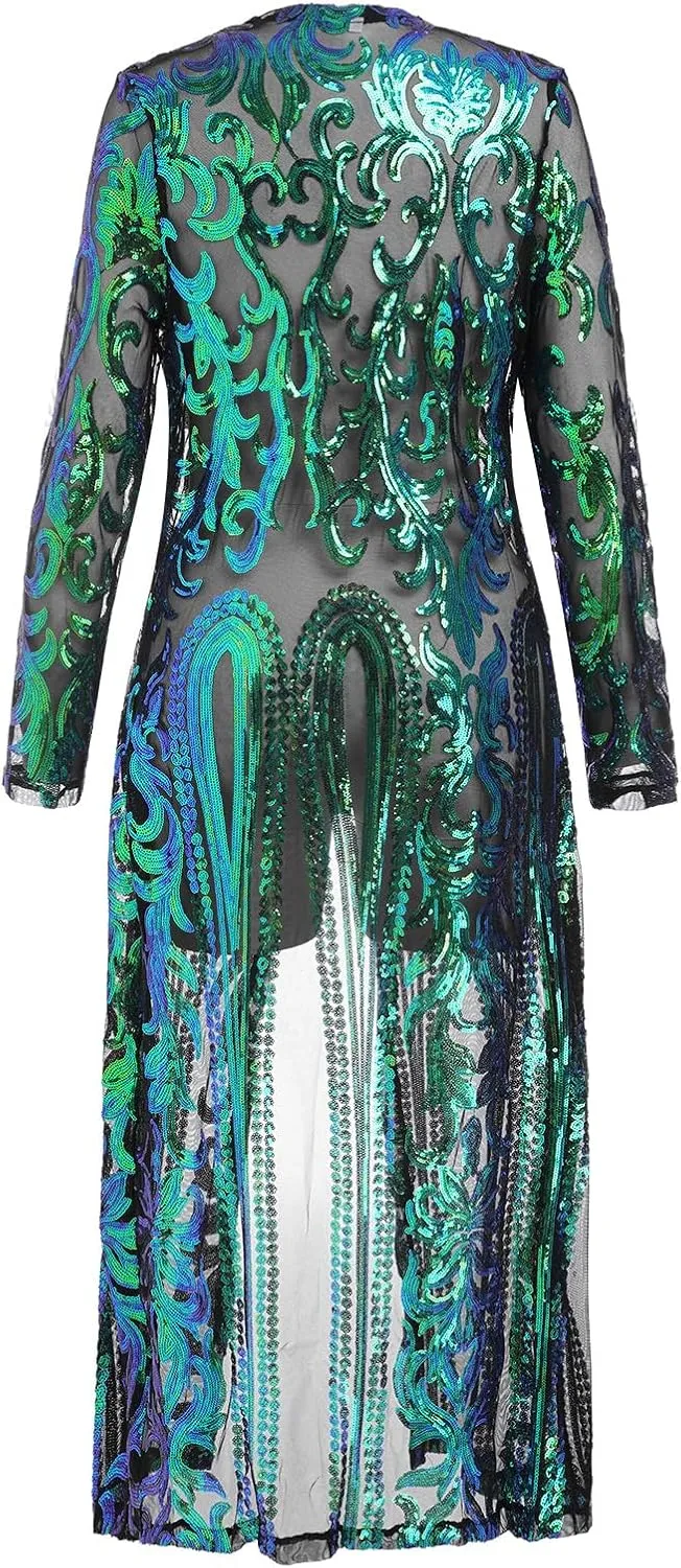 IWEMEK Sparkly Cardigan for Women 1920s Sequin Cardigans Long Sequin Duster Blazer 20s Glitter Open Front Coat Cover Up Dress