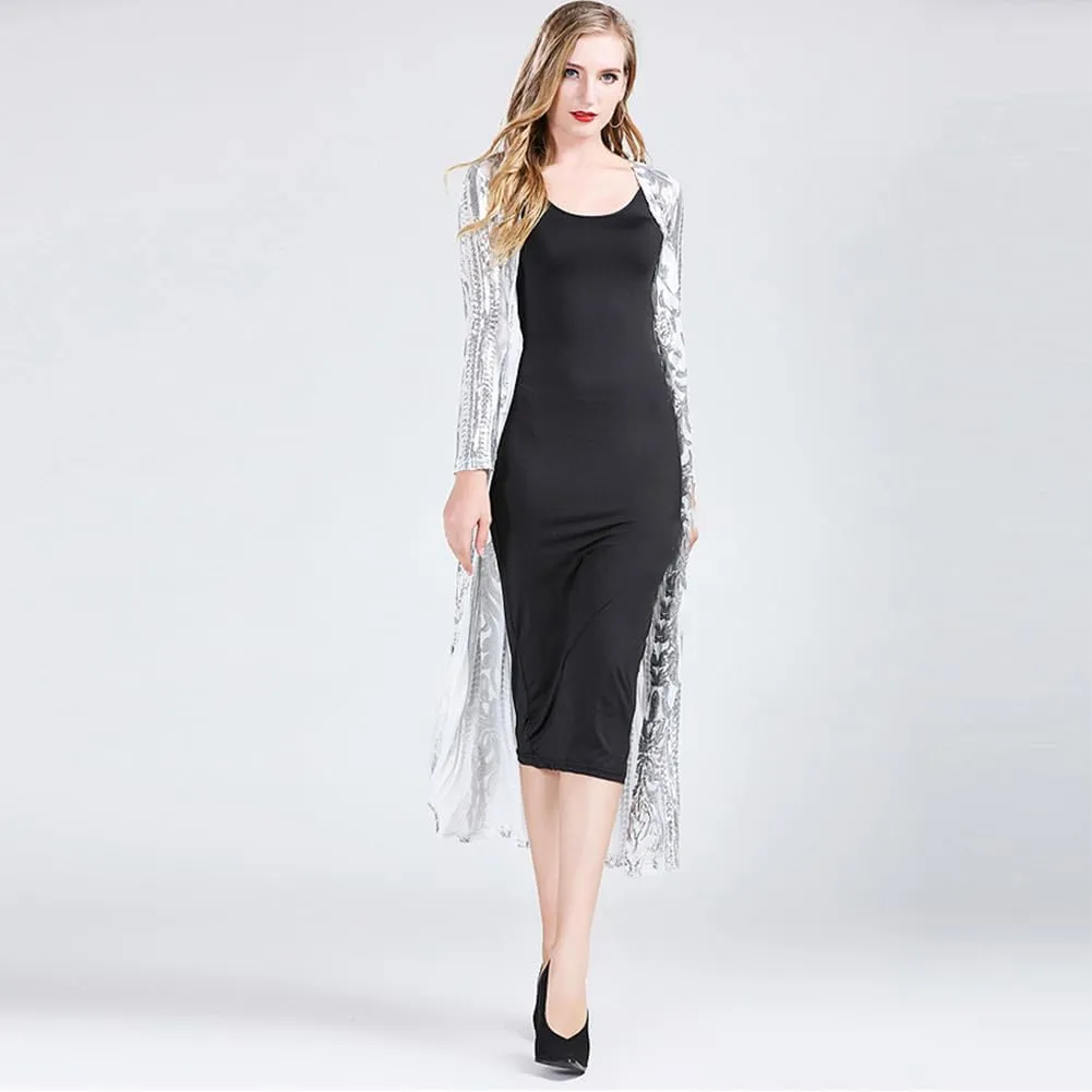 IWEMEK Sparkly Cardigan for Women 1920s Sequin Cardigans Long Sequin Duster Blazer 20s Glitter Open Front Coat Cover Up Dress