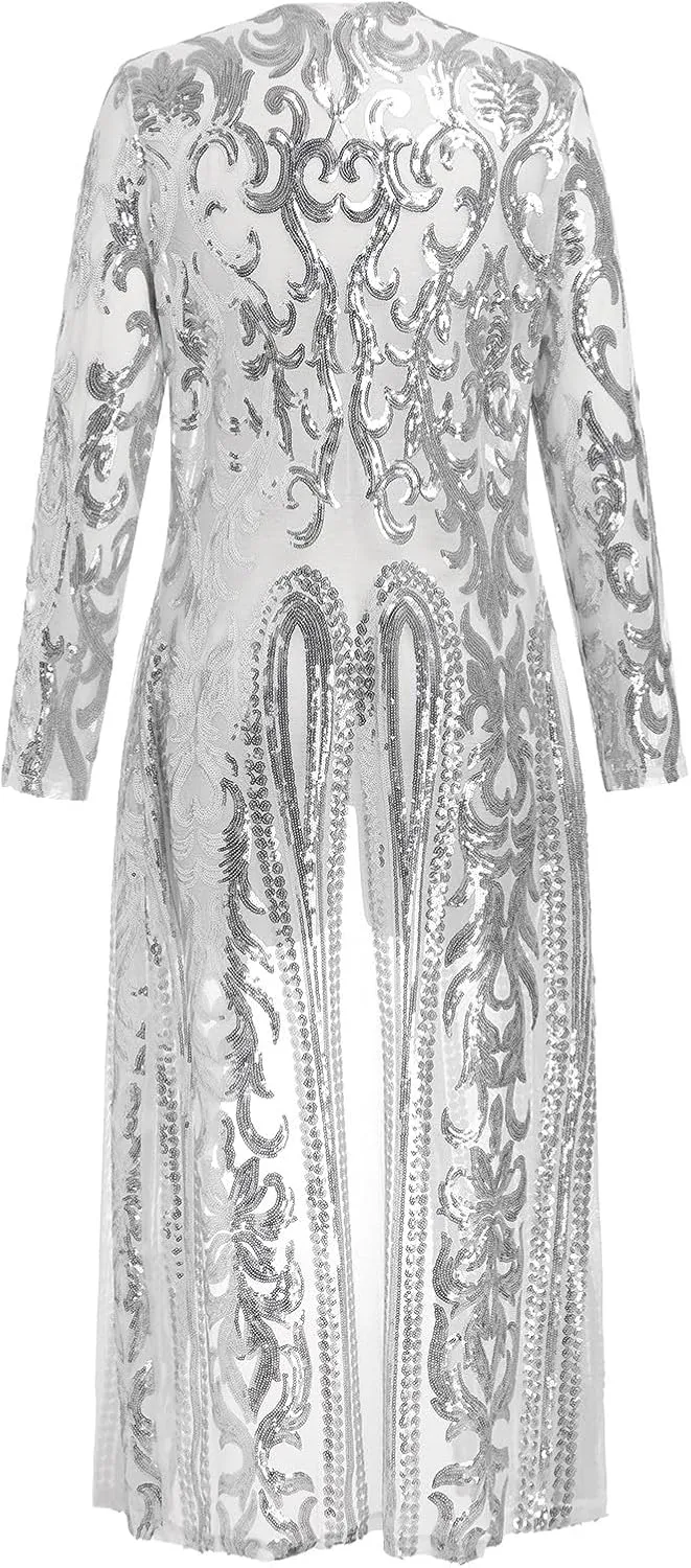 IWEMEK Sparkly Cardigan for Women 1920s Sequin Cardigans Long Sequin Duster Blazer 20s Glitter Open Front Coat Cover Up Dress