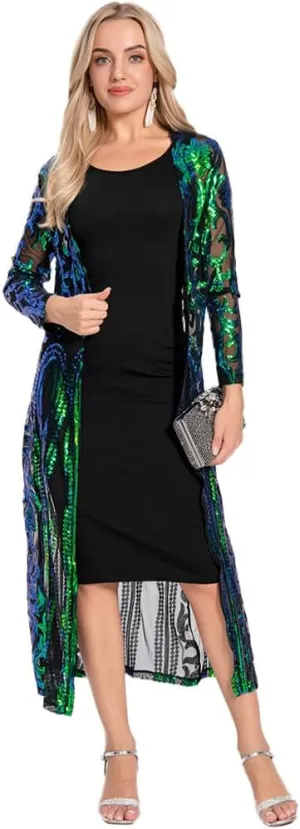 IWEMEK Sparkly Cardigan for Women 1920s Sequin Cardigans Long Sequin Duster Blazer 20s Glitter Open Front Coat Cover Up Dress