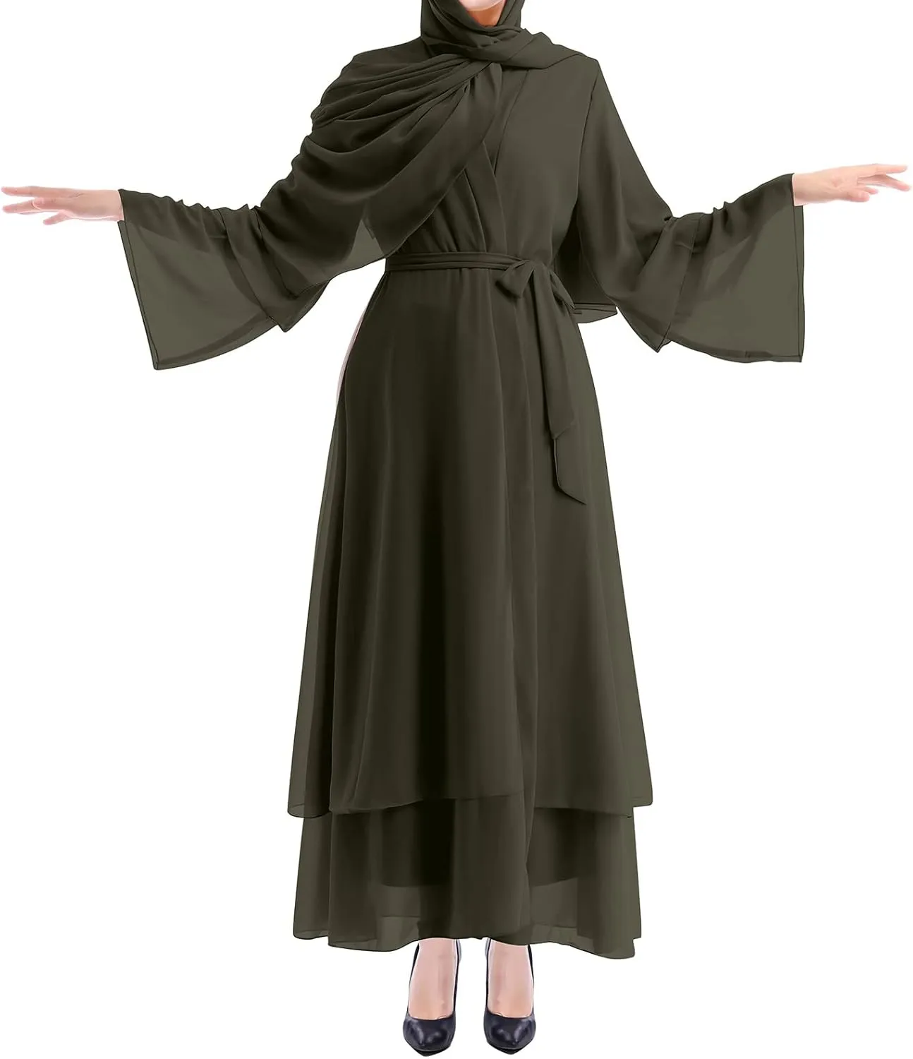 IWEMEK Women Chiffon Muslim Dress Middle East Arabian Robe Islamic Open Front Abaya Long Sleeve Flowy Maxi Cardigan Dress