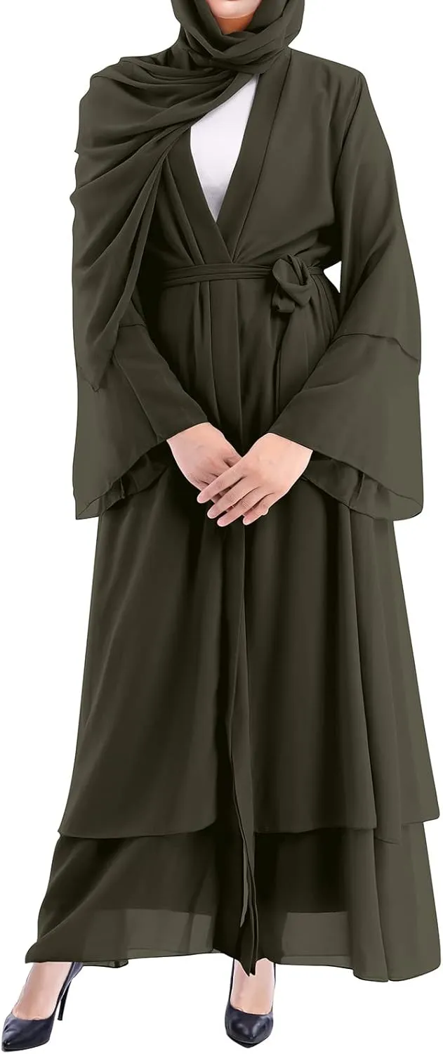 IWEMEK Women Chiffon Muslim Dress Middle East Arabian Robe Islamic Open Front Abaya Long Sleeve Flowy Maxi Cardigan Dress