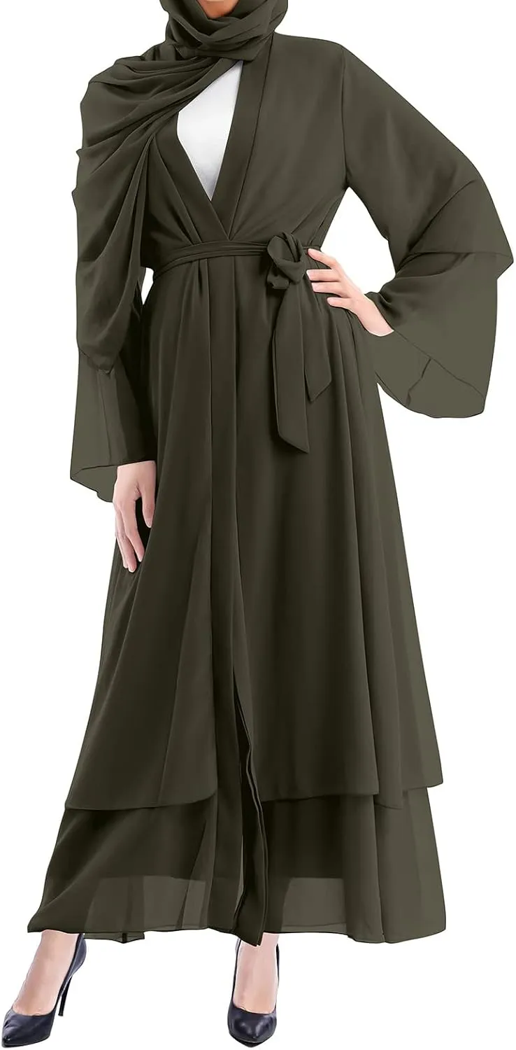 IWEMEK Women Chiffon Muslim Dress Middle East Arabian Robe Islamic Open Front Abaya Long Sleeve Flowy Maxi Cardigan Dress