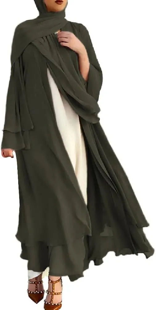 IWEMEK Women Chiffon Muslim Dress Middle East Arabian Robe Islamic Open Front Abaya Long Sleeve Flowy Maxi Cardigan Dress