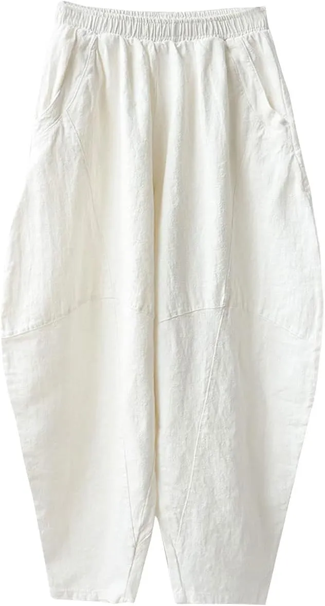 IXIMO Women's Cotton Linen Pants Casual Elastic Waist Lantern Slacks Loose Fit Baggy Patchwork Trousers
