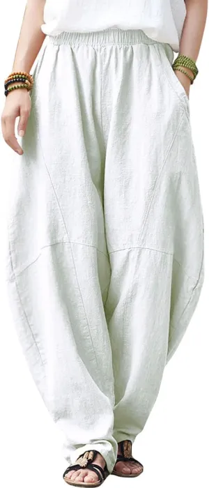 IXIMO Women's Cotton Linen Pants Casual Elastic Waist Lantern Slacks Loose Fit Baggy Patchwork Trousers