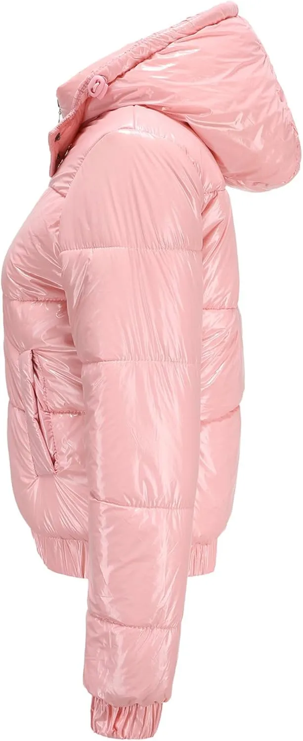 JEsilunmaMY Women's Shiny Short Winter Down Jacket Fashion Hooded Cropped Puffer Jacket Warm Thicken Padded Coats with Pocket