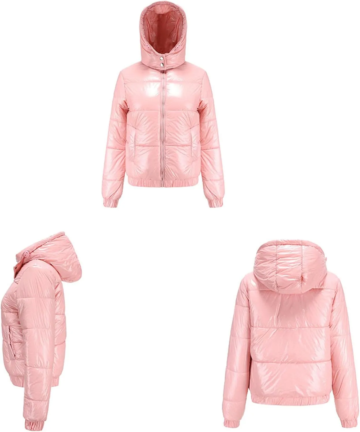 JEsilunmaMY Women's Shiny Short Winter Down Jacket Fashion Hooded Cropped Puffer Jacket Warm Thicken Padded Coats with Pocket