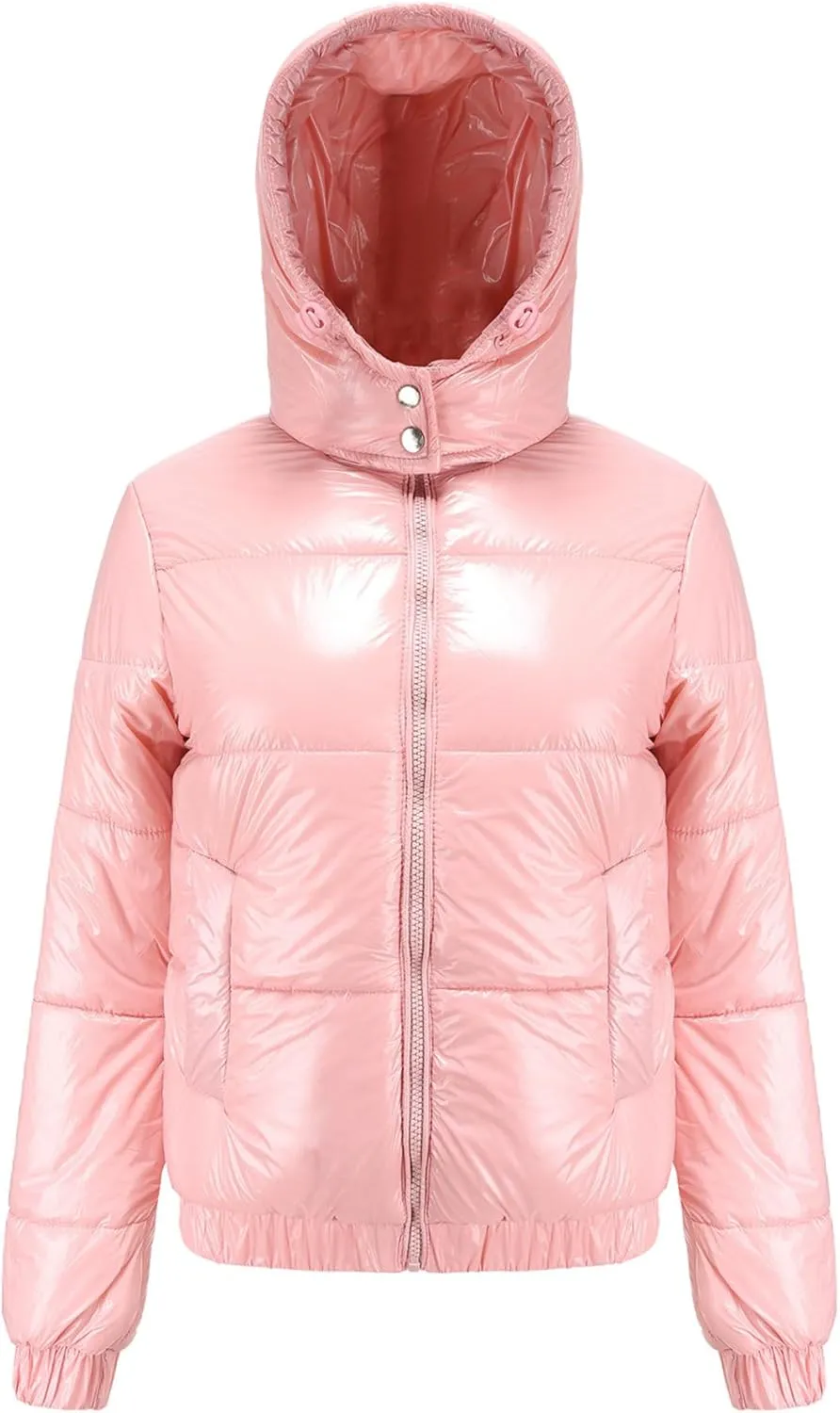JEsilunmaMY Women's Shiny Short Winter Down Jacket Fashion Hooded Cropped Puffer Jacket Warm Thicken Padded Coats with Pocket