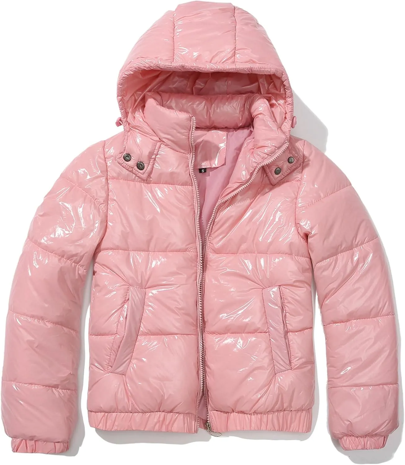 JEsilunmaMY Women's Shiny Short Winter Down Jacket Fashion Hooded Cropped Puffer Jacket Warm Thicken Padded Coats with Pocket