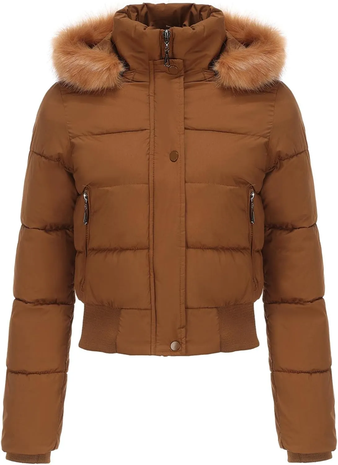 JOAU Women's Cotton Padded Puffer Jackets Zip Up Quilted Down Outwear Winter Warm Detachable Fur Hooded Pockets Short Coats