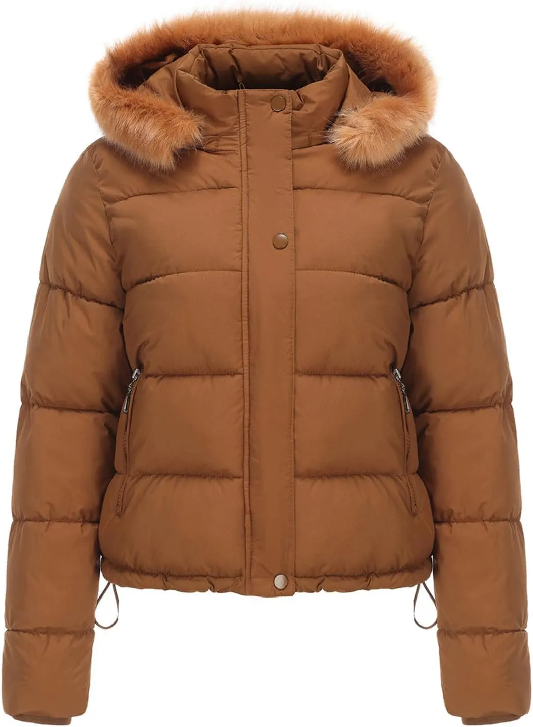 JOAU Women's Cotton Padded Puffer Jackets Zip Up Quilted Down Outwear Winter Warm Detachable Fur Hooded Pockets Short Coats