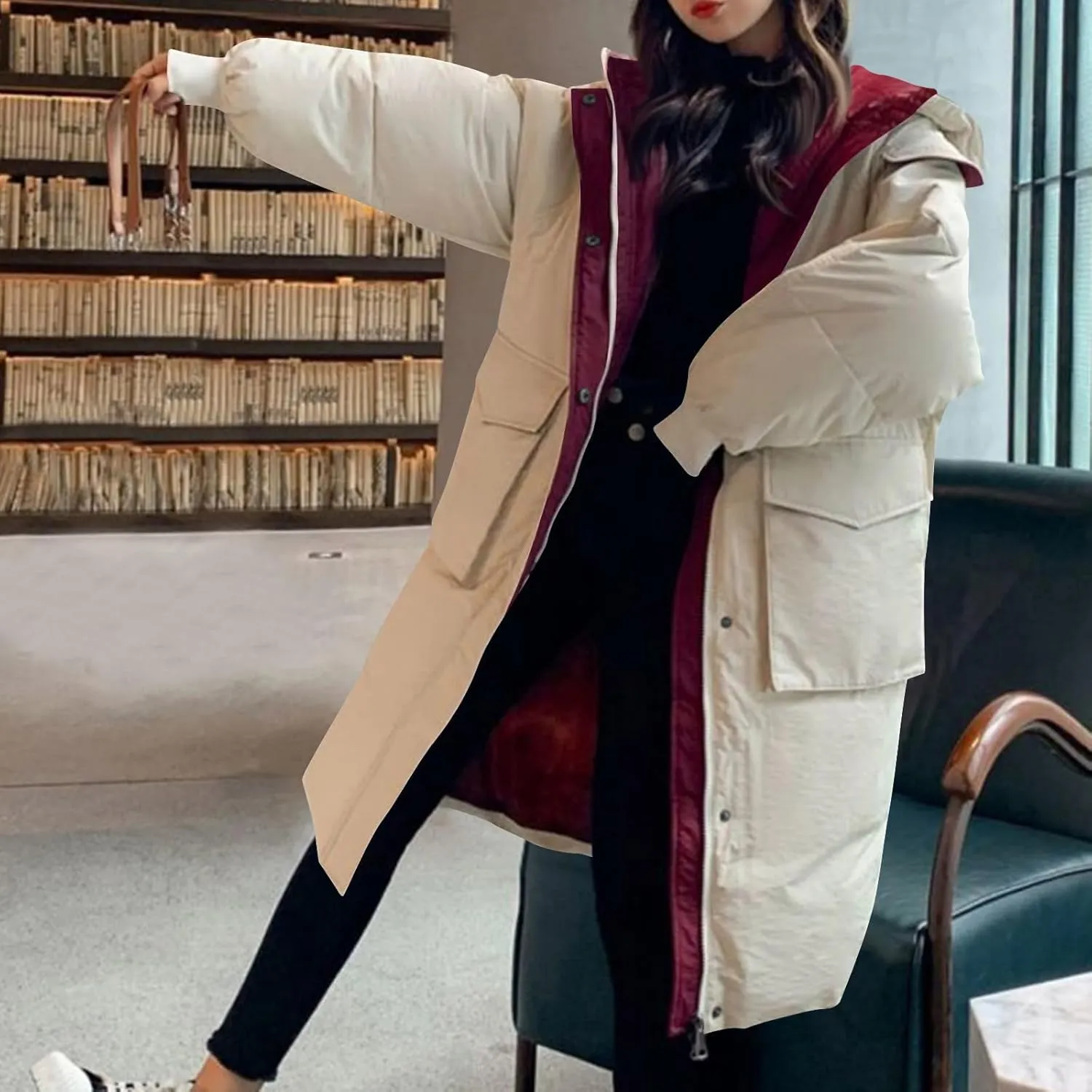 JOAU Women's Fashion Hooded Coat 2024 Quilted Long Puffer Jackets Warm Winter Zip Color Block Parka Coats Down Outerwear