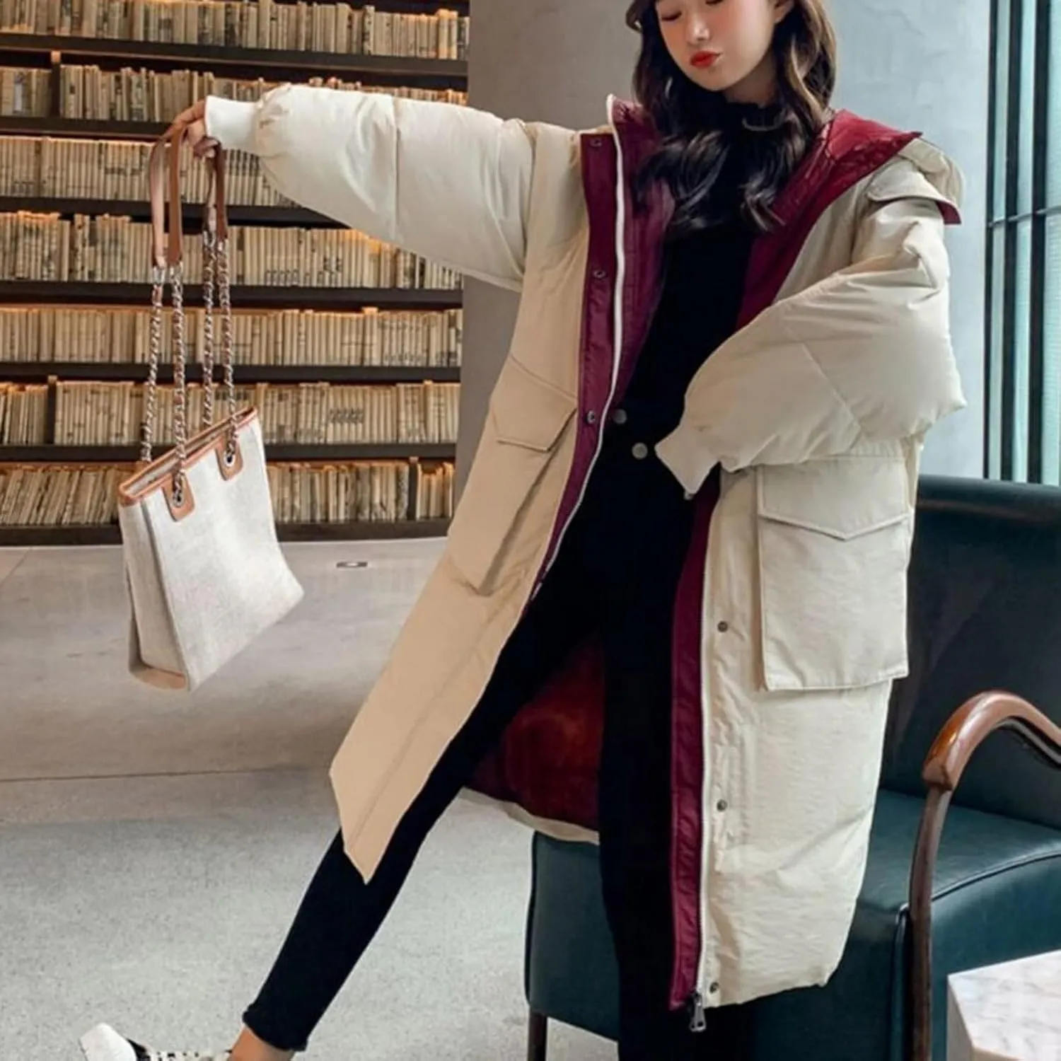 JOAU Women's Fashion Hooded Coat 2024 Quilted Long Puffer Jackets Warm Winter Zip Color Block Parka Coats Down Outerwear