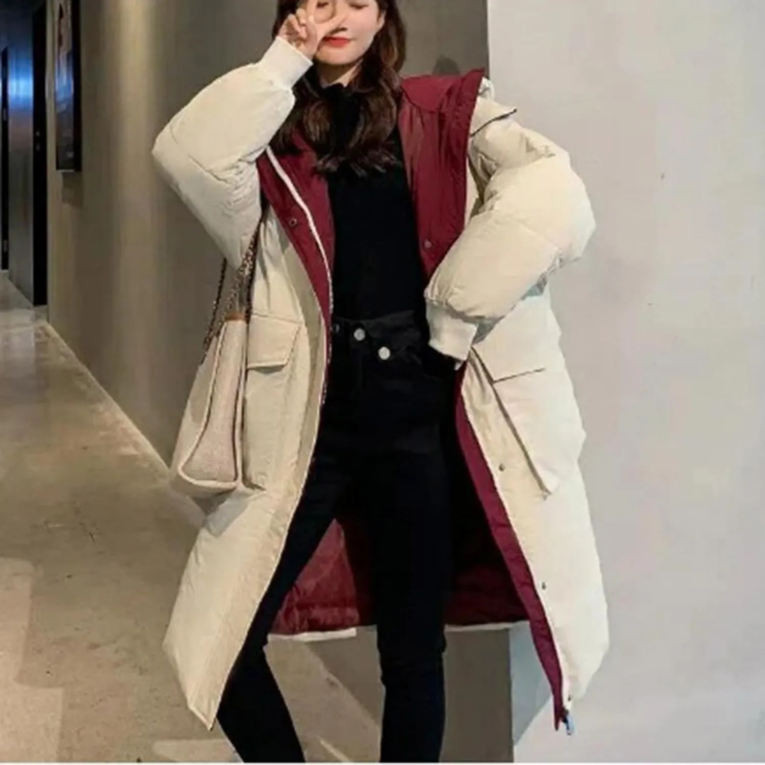 JOAU Women's Fashion Hooded Coat 2024 Quilted Long Puffer Jackets Warm Winter Zip Color Block Parka Coats Down Outerwear