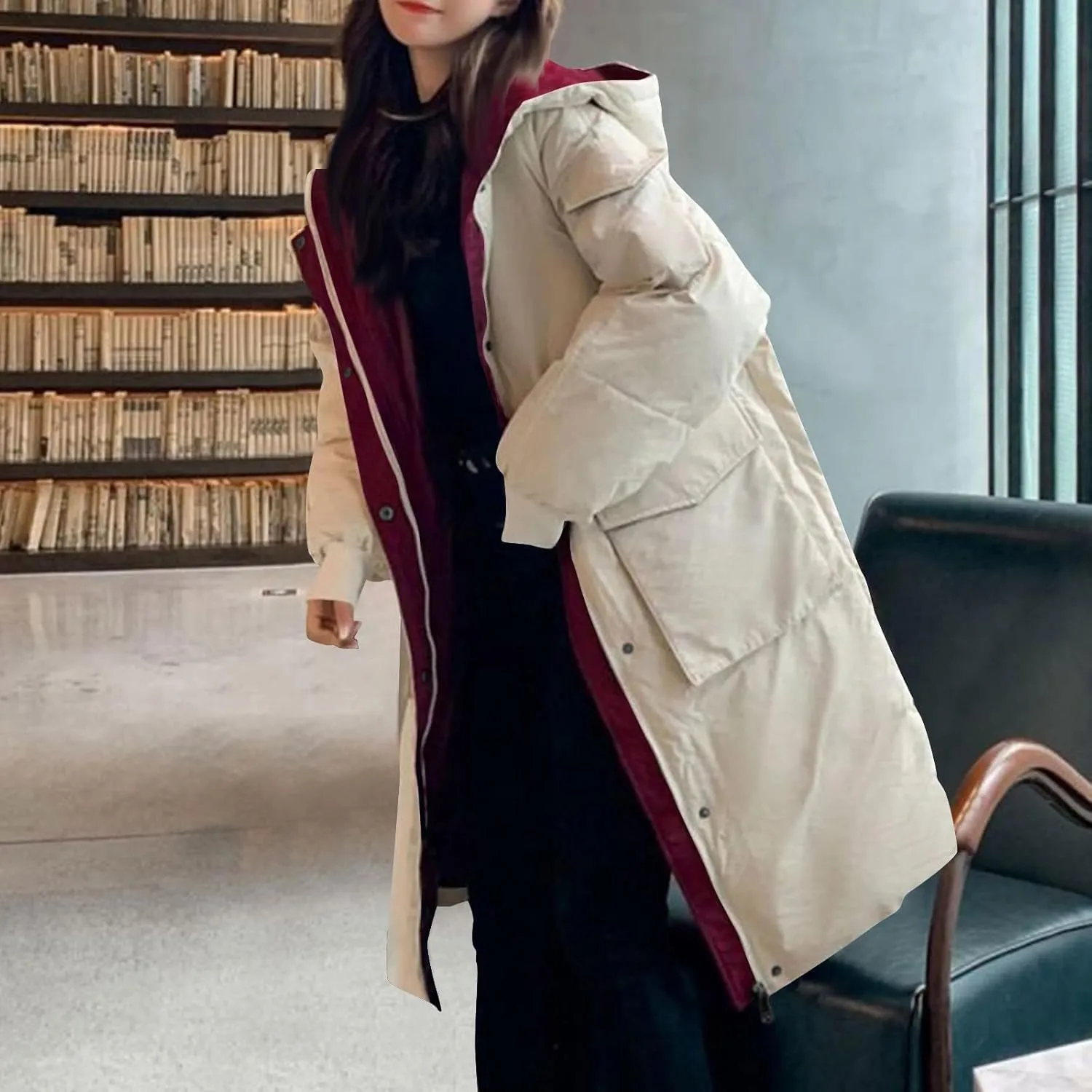 JOAU Women's Fashion Hooded Coat 2024 Quilted Long Puffer Jackets Warm Winter Zip Color Block Parka Coats Down Outerwear