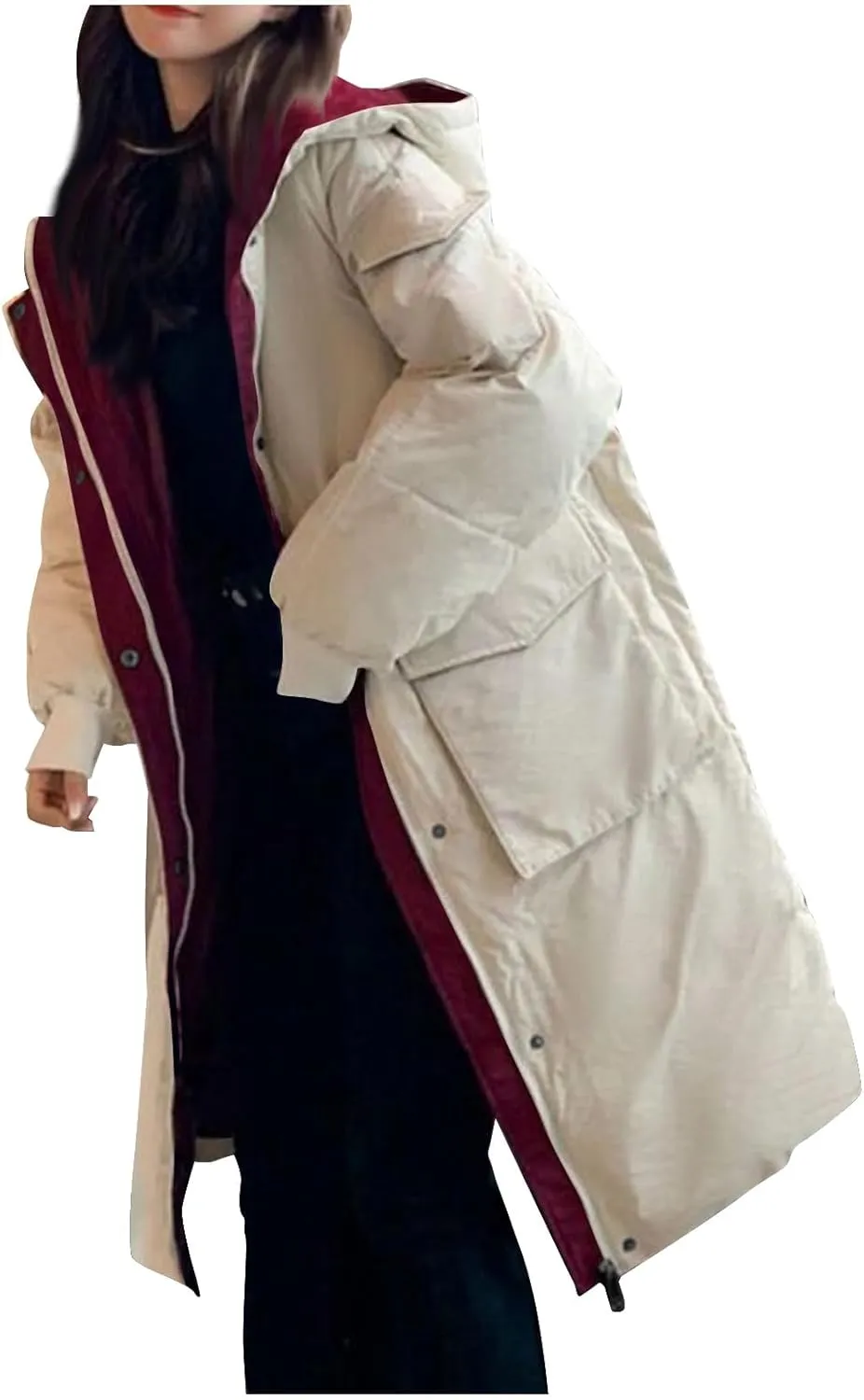 JOAU Women's Fashion Hooded Coat 2024 Quilted Long Puffer Jackets Warm Winter Zip Color Block Parka Coats Down Outerwear