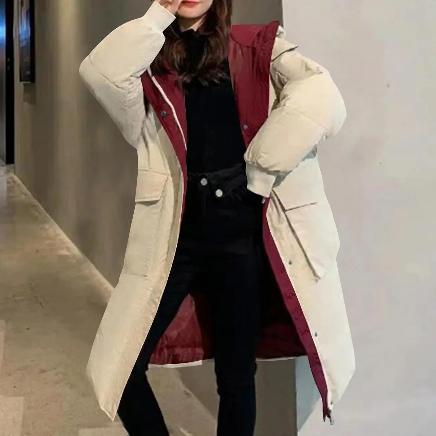 JOAU Women's Fashion Hooded Coat 2024 Quilted Long Puffer Jackets Warm Winter Zip Color Block Parka Coats Down Outerwear