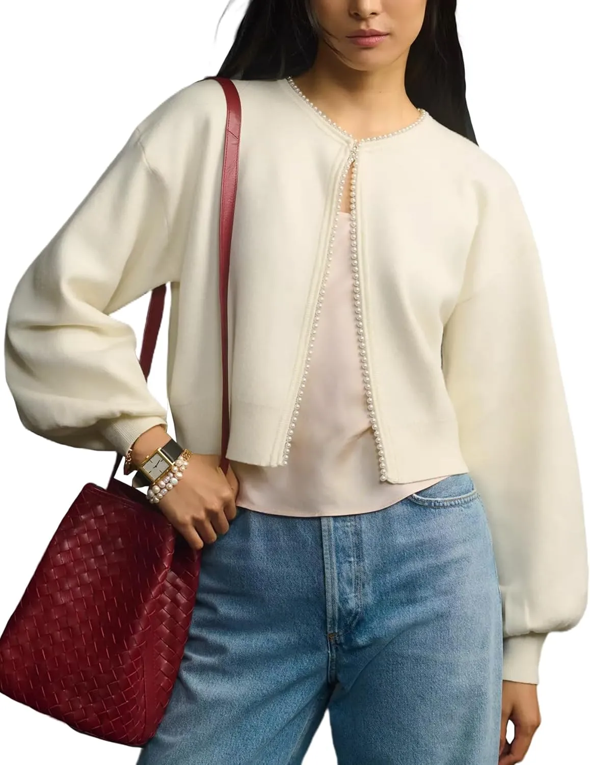 Kedera Womens Casual Pearls Cardigan Sweater Elegant Long Sleeves Oversized Pullover Knit Sweater