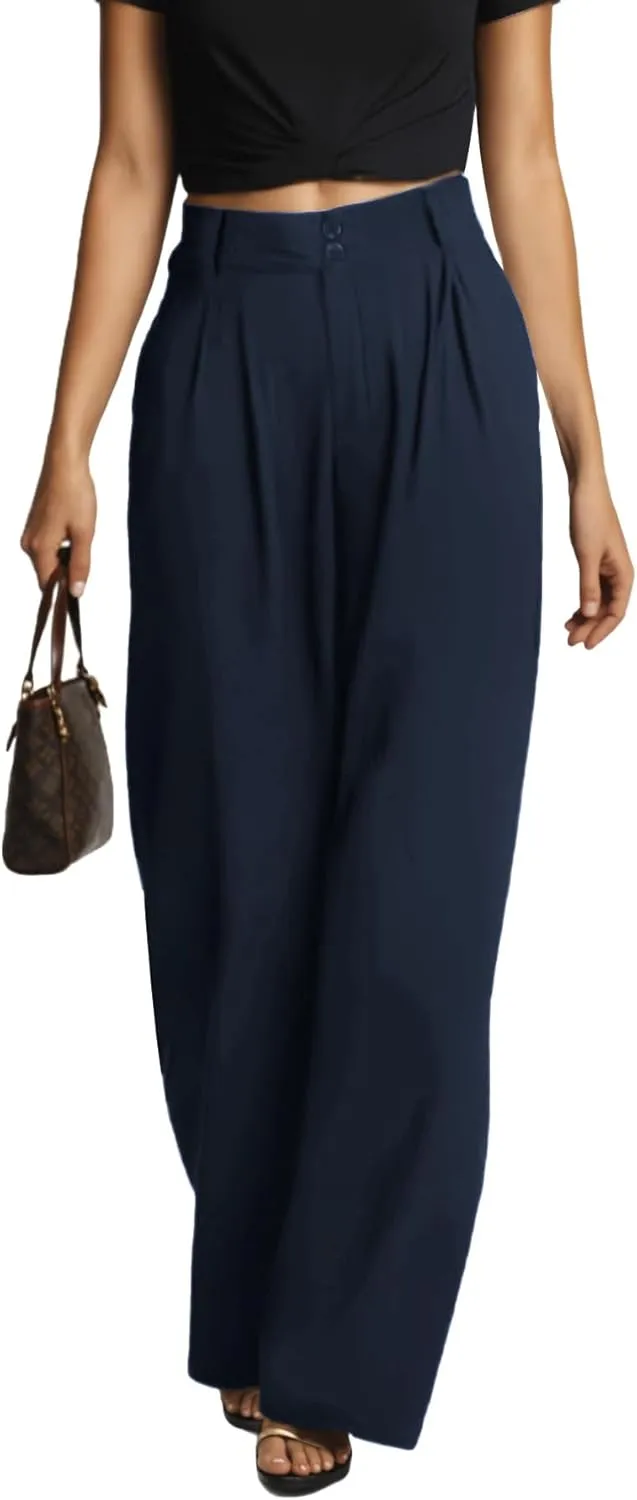 keriffe Wide Leg Casual Work Pants High Elastic Waisted Business Dress Trousers Loose Fit Office Slacks Pockets