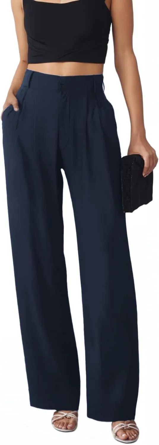 keriffe Wide Leg Casual Work Pants High Elastic Waisted Business Dress Trousers Loose Fit Office Slacks Pockets