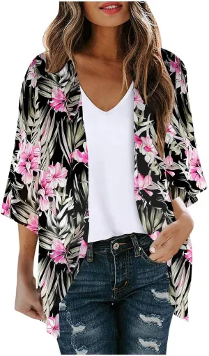 Kimono Cardigans for Women Floral Print Hawaiian Beach Cover Up Puff Sleeve Chiffon Blouse Cruise Outfits Summer Tops