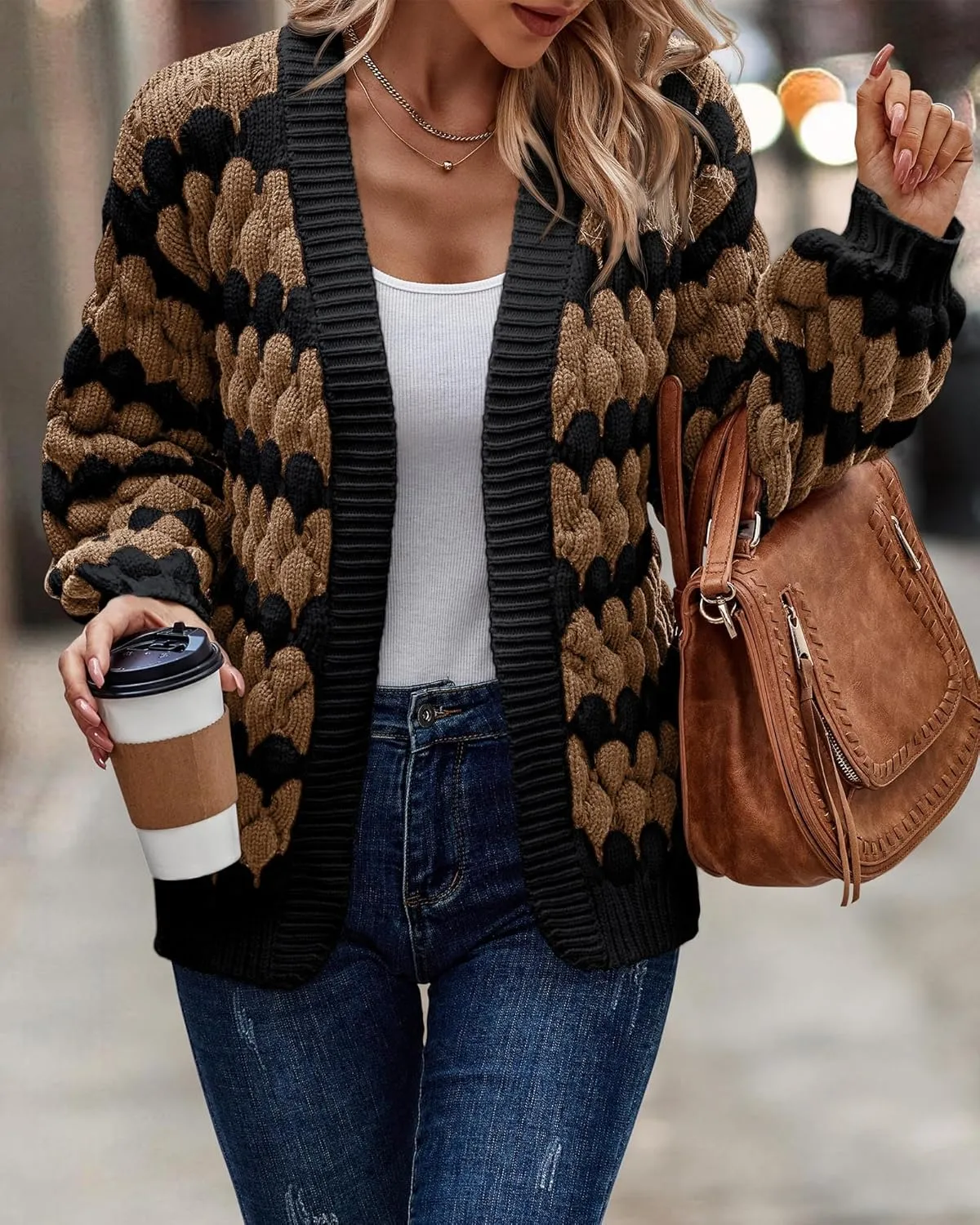 KIRUNDO Womens Cardigan Fall Fashion Lantern Sleeve Open Front Striped Color Block Loose Cable Knit Winter Sweater Coats