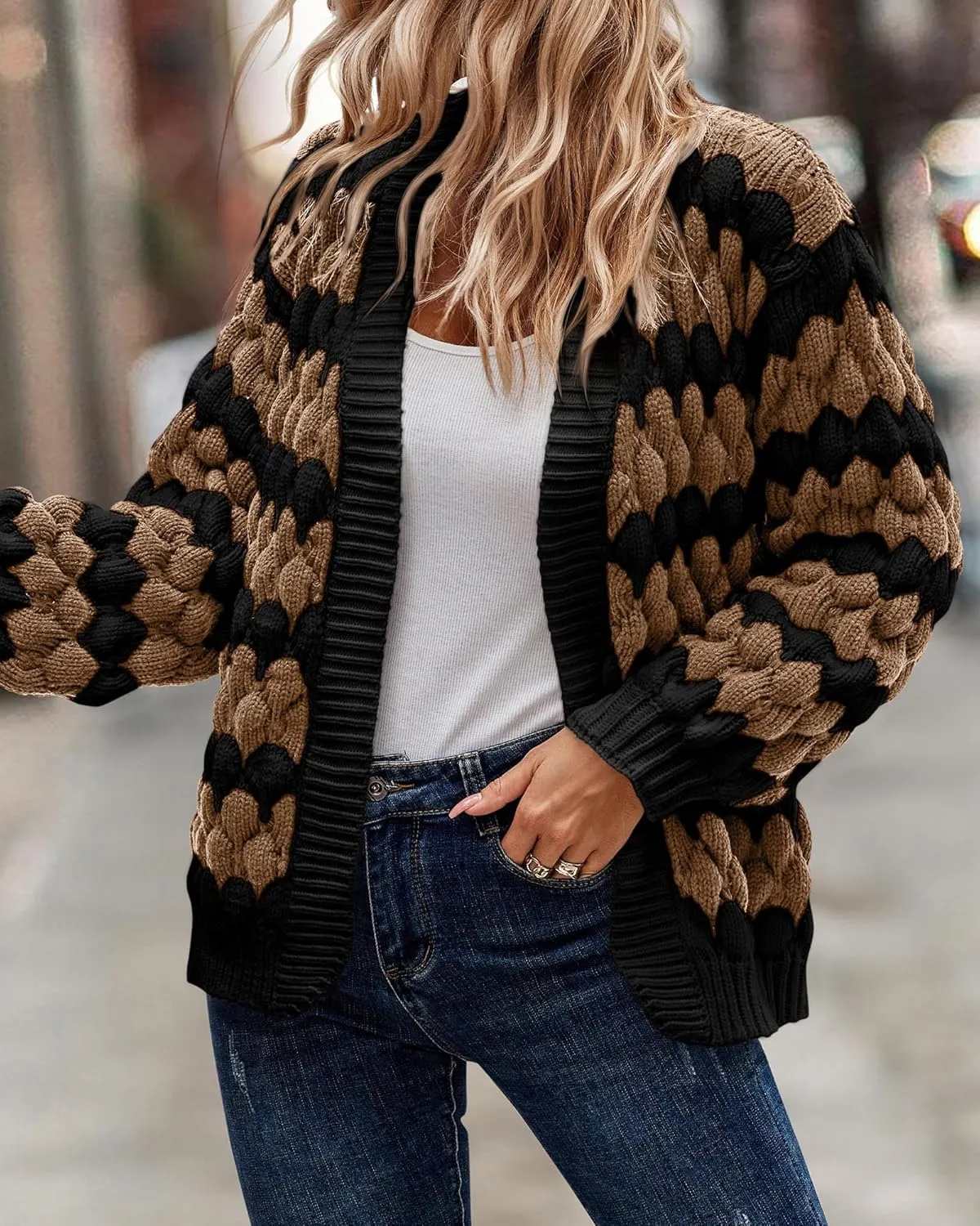 KIRUNDO Womens Cardigan Fall Fashion Lantern Sleeve Open Front Striped Color Block Loose Cable Knit Winter Sweater Coats