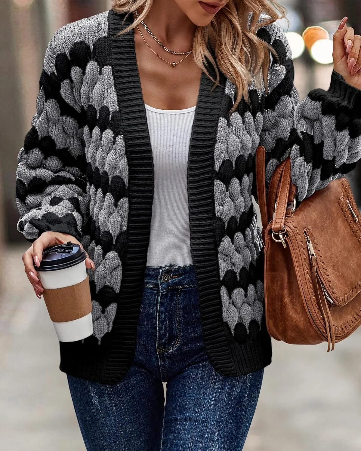 KIRUNDO Womens Cardigan Fall Fashion Lantern Sleeve Open Front Striped Color Block Loose Cable Knit Winter Sweater Coats
