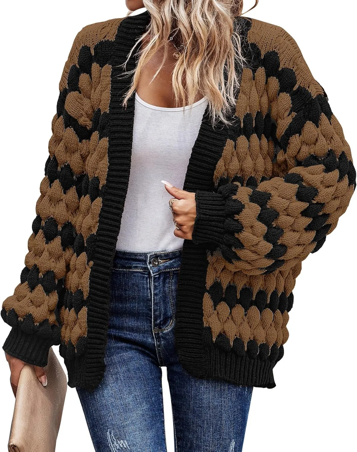 KIRUNDO Womens Cardigan Fall Fashion Lantern Sleeve Open Front Striped Color Block Loose Cable Knit Winter Sweater Coats